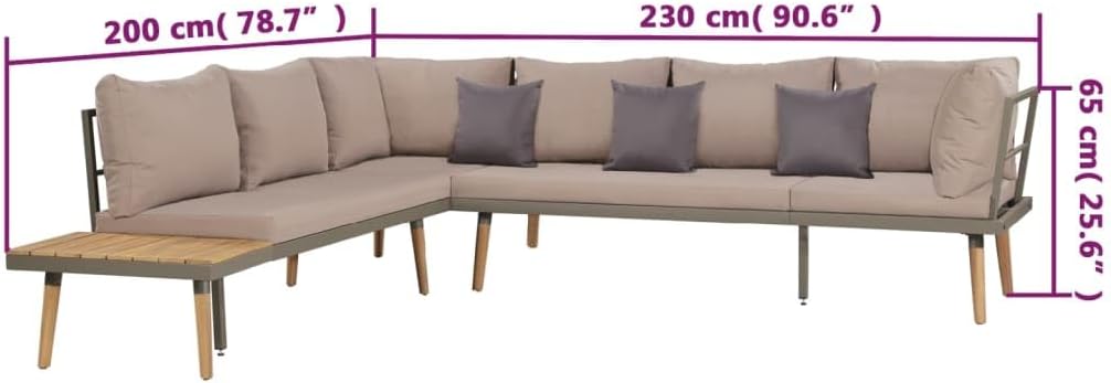 vida XL 4-Piece Patio Metal Lounge Set with Cushions - Brown/Gray Solid Acacia Wood Sectional Sofa Set - Durable Outdoor Conversation Furniture Set with Coffee Table