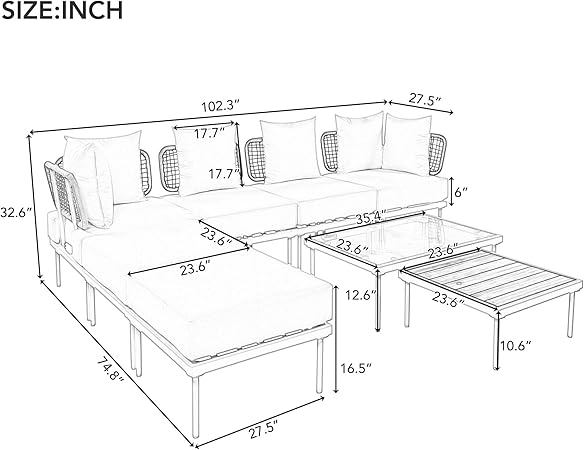 Ampela 8-Piece Sectional Sofa Tempered Wooden & Glass 2 Coffee Table/2 Single Ottomans/2 Corner Chairs,All-Weather Conversation Set for Outdoor Oasis,Garden,Patio,Poolside,Beige