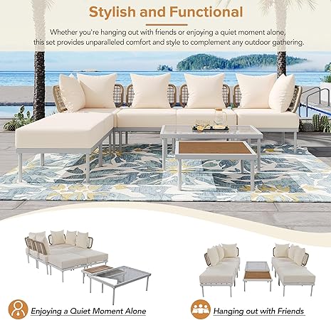 Ampela 8-Piece Sectional Sofa Tempered Wooden & Glass 2 Coffee Table/2 Single Ottomans/2 Corner Chairs,All-Weather Conversation Set for Outdoor Oasis,Garden,Patio,Poolside,Beige