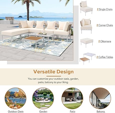 Ampela 8-Piece Sectional Sofa Tempered Wooden & Glass 2 Coffee Table/2 Single Ottomans/2 Corner Chairs,All-Weather Conversation Set for Outdoor Oasis,Garden,Patio,Poolside,Beige