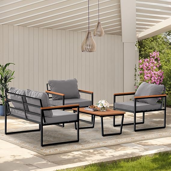 VISTYLE Patio Furniture Set 4-Piece Outdoor Metal Patio Conversation Set Modern Table Loveseat Chair with Soft Thick Washable Cushions for Garden Backyard Lawn Porch