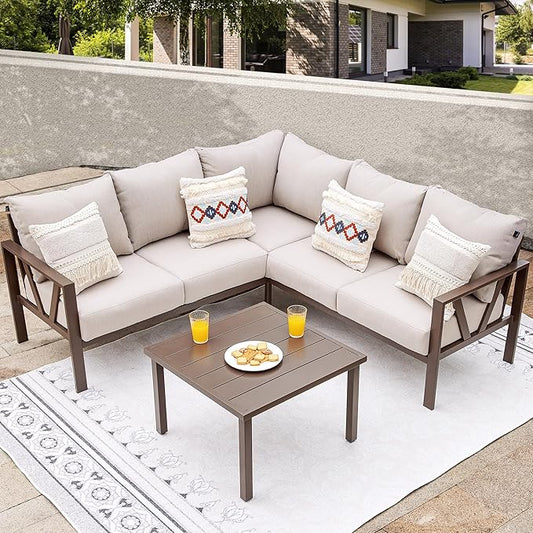 COMLAX FIELD Patio Furniture Set, 6 Pieces Outdoor Couch Sectional, L Shaped Patio Sofa, Metal Patio Couch Sectional with Side Table, Outdoor Seating Conversation Set, Beige