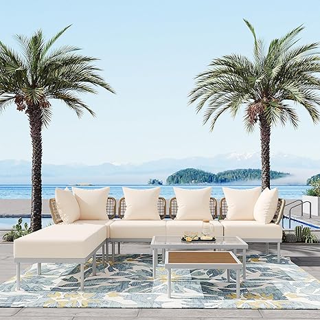 Ampela 8-Piece Sectional Sofa Tempered Wooden & Glass 2 Coffee Table/2 Single Ottomans/2 Corner Chairs,All-Weather Conversation Set for Outdoor Oasis,Garden,Patio,Poolside,Beige