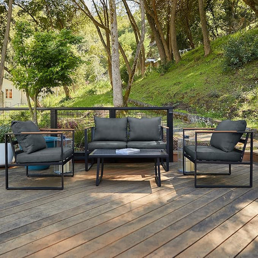 EAST OAK CS22006 Patio Furniture Set, 4-Piece Outdoor Deep Seating Conversation Sofa, Black & Dark Grey