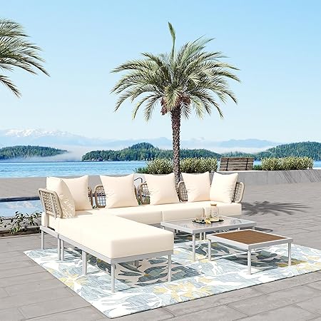 Ampela 8-Piece Sectional Sofa Tempered Wooden & Glass 2 Coffee Table/2 Single Ottomans/2 Corner Chairs,All-Weather Conversation Set for Outdoor Oasis,Garden,Patio,Poolside,Beige