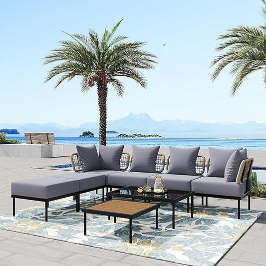 Ampela 8-Piece Sectional Sofa Tempered Wooden & Glass 2 Coffee Table/2 Single Ottomans/2 Corner Chairs,All-Weather Conversation Set for Outdoor Oasis,Garden,Patio,Poolside,Light Grey