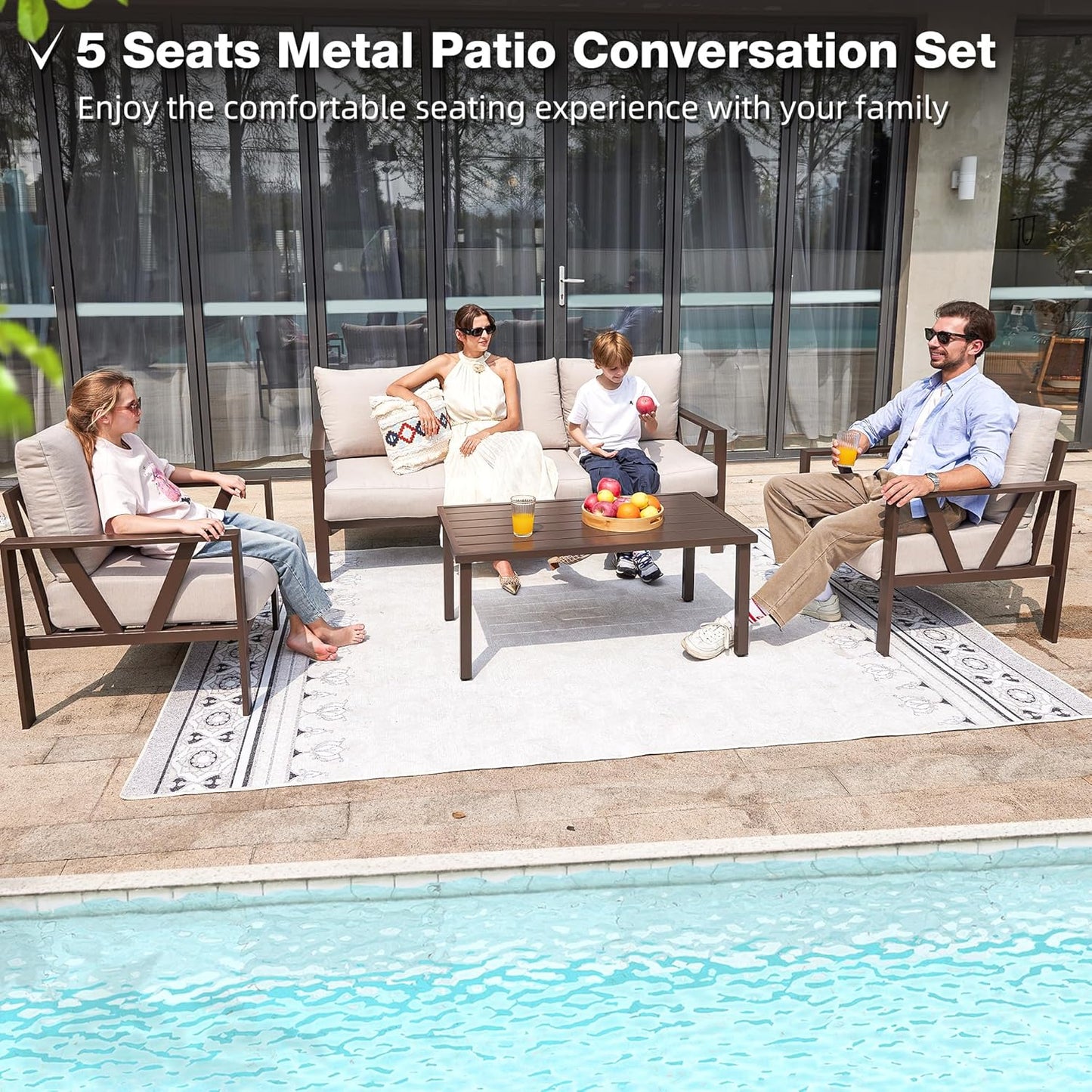 COMLAX FIELD Outdoor Patio Furniture Set, 4 Pieces Metal Patio Furniture Set with Coffee Table, Modern Outdoor Patio Conversation Seating Set, Beige