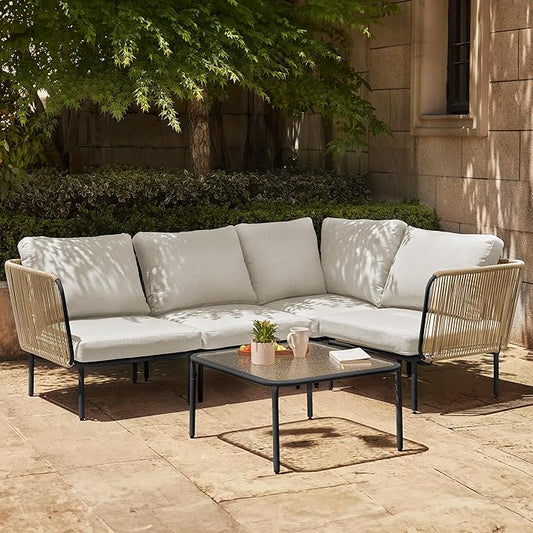 EAST OAK Modular Outdoor Corner Sofa Patio Furniture Set, 5-Piece, Creamy Apricot & Griege