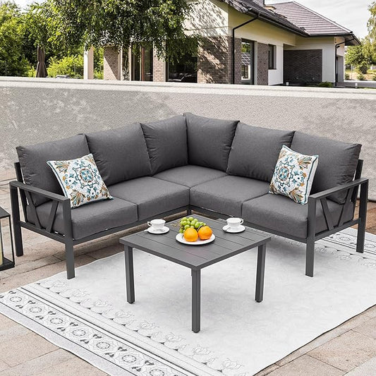 COMLAX FIELD Patio Furniture Set, 6 Pieces Outdoor Couch Sectional, L Shaped Patio Sofa, Metal Patio Couch Sectional with Side Table, Outdoor Seating Conversation Set, Grey