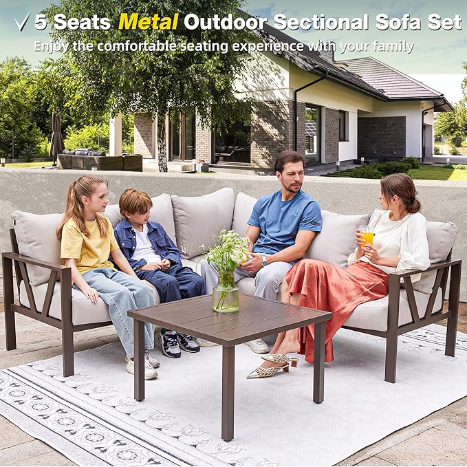 COMLAX FIELD Patio Furniture Set, 6 Pieces Outdoor Couch Sectional, L Shaped Patio Sofa, Metal Patio Couch Sectional with Side Table, Outdoor Seating Conversation Set, Beige