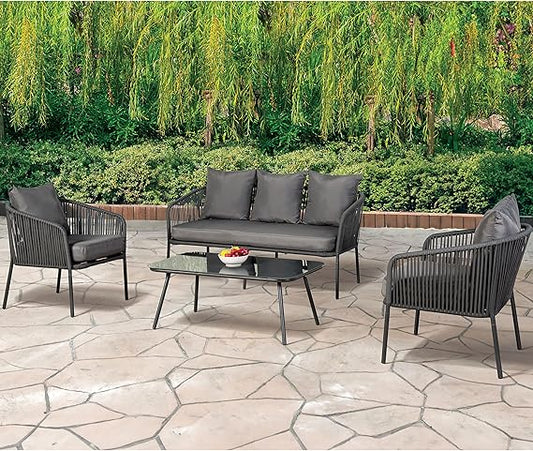 Furniture of America Serenade Metal 4-Piece Patio Conversation Set, Gloss Table Top, Chairs and Loveseat with Removable Cushions for Porch, Backyard, Lawn, Garden, Dark Gray and Light Gray